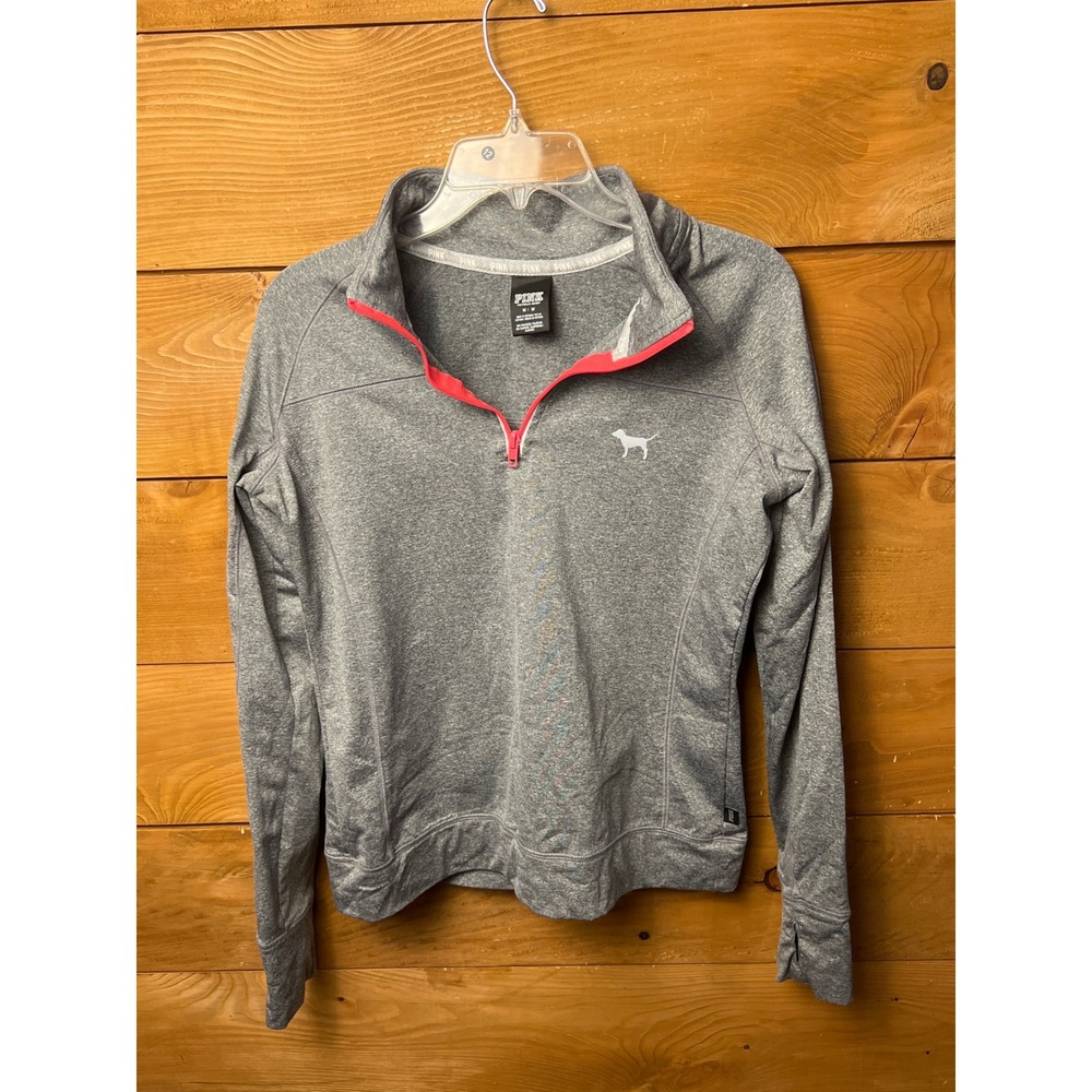 PINK Victoria's Secret Gray Pullover Thumb Holes Half Zip Activewear Top M Chic